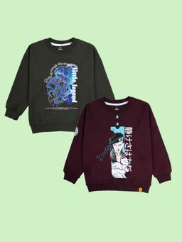 KiddoPanti - Boys Fleece Printed Round Neck Sweatshirt - Multi-Color (Pack of 2)