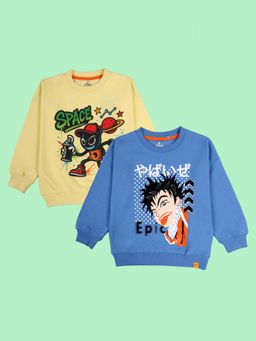 KiddoPanti - Boys Fleece Printed Round Neck Sweatshirt - Multi-Color (Pack of 2)