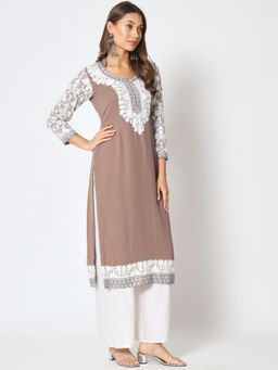 Zamour - Unstitched Faux Georgette Brown Kurta Fabric with Embroidered for Women