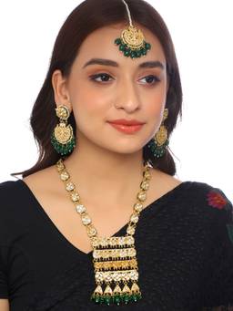 VIRAASI - Green Long Kundan Necklace with Earrings and Maangtikka (Set of 3)