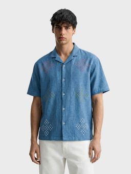 The Indian Garage Co - Blue Men Relaxed Fit Laser Cut Cuban Collar Half Sleeves Shirt
