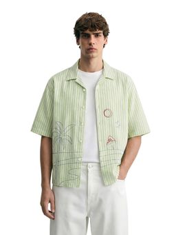 The Indian Garage Co - Green Men Oversized Fit Striped Cuban Collar Half Sleeves Shirt
