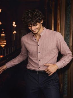 The Indian Garage Co - Pink Men Slim Fit Textured Mandarin Collar Full Sleeves Shirt