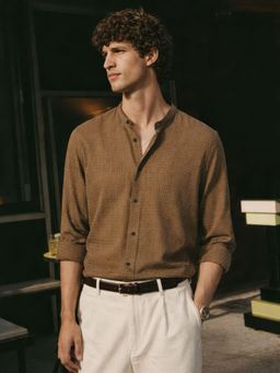 The Indian Garage Co - Olive Men Slim Fit Textured Mandarin Collar Full Sleeves Shirt