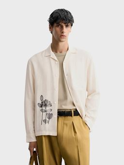 The Indian Garage Co - Cream Men Relaxed Fit Embroidered Cuban Collar Full Sleeves Shirt