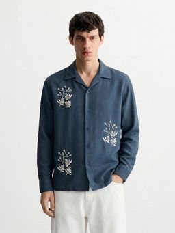 The Indian Garage Co - Blue Men Relaxed Fit Embroidered Cuban Collar Full Sleeves Shirt