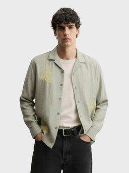 The Indian Garage Co - Green Men Relaxed Fit Embroidered Cuban Collar Full Sleeves Shirt