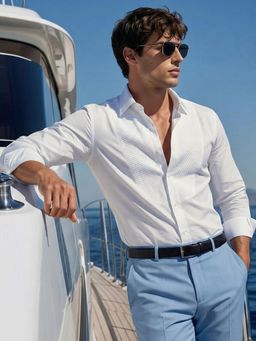 The Indian Garage Co - White Men Slim Fit Textured Cutaway Collar Full Sleeves Shirt