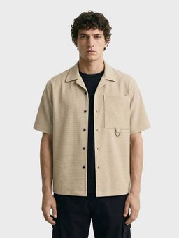 The Indian Garage Co - Beige Men Boxy Fit Textured Cuban Collar Half Sleeves Shirt
