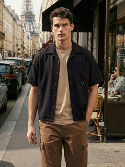 The Indian Garage Co - Black Men Boxy Fit Textured Cuban Collar Half Sleeves Shirt