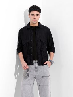 The Indian Garage Co - Black Men Boxy Fit Textured Cutaway Collar Full Sleeves Shirt