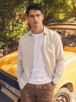 The Indian Garage Co - Khaki Men Slim Fit Solid Cutaway Collar Full Sleeves Shirt