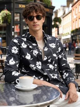 The Indian Garage Co - Black Men Slim Fit Printed Cutaway Collar Full Sleeves Shirt