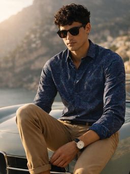 The Indian Garage Co - Blue Men Slim Fit Printed Cutaway Collar Full Sleeves Shirt
