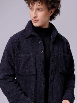 The Indian Garage Co - Navy Blue Regular Fit Textured Cutaway Collar Full Sleeves Winter Shirt