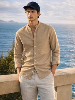 The Indian Garage Co - Beige Men Slim Fit Textured Mandarin Collar Full Sleeves Shirt