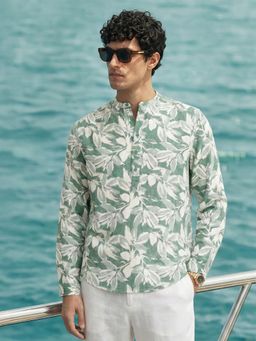 The Indian Garage Co - Green Men Regular Fit Printed Mandarin Collar Full Sleeves Shirt