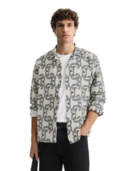 The Indian Garage Co - Off White Men Relaxed Fit Printed Cuban Collar Full Sleeves Shirt