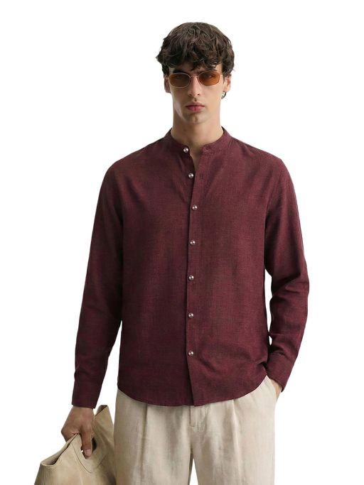 The Indian Garage Co Maroon Men Relaxed Fit Textured Mandarin Collar Full Sleeves Shirt