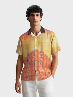 The Indian Garage Co - Mustard Men Relaxed Fit Indie Printed Cuban Collar Half Sleeves Shirt