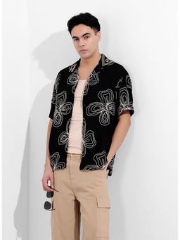 The Indian Garage Co - Black Men Relaxed Fit Floral Cuban Collar Half Sleeves Shirt
