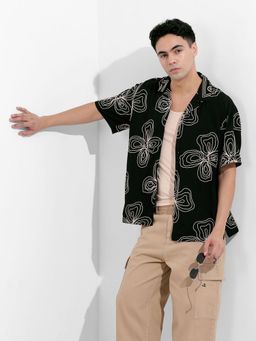 The Indian Garage Co - Black Men Relaxed Fit Floral Cuban Collar Half Sleeves Shirt