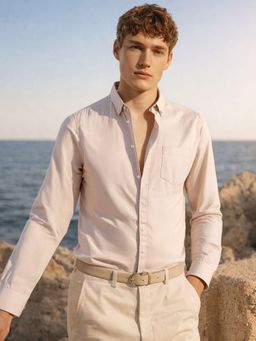 The Indian Garage Co - Beige Men Slim Fit Solid Cutaway Collar Full Sleeves Shirt