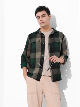 The Indian Garage Co - Green Men Regular Fit Checked Cutaway Collar Full Sleeves Overshirt
