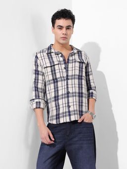 The Indian Garage Co - Navy Blue Men Regular Fit Checked Cutaway Collar Full Sleeves Overshirt