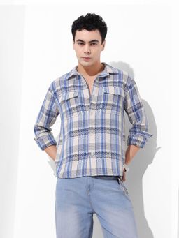 The Indian Garage Co - Blue Men Regular Fit Checked Cutaway Collar Full Sleeves Overshirt