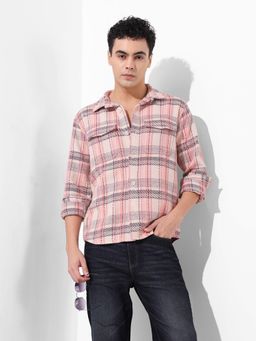 The Indian Garage Co - Pink Men Regular Fit Checked Cutaway Collar Full Sleeves Overshirt