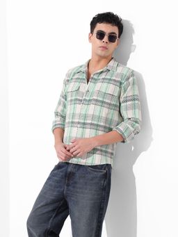 The Indian Garage Co - Green Men Regular Fit Checked Cutaway Collar Full Sleeves Overshirt