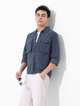 The Indian Garage Co - Blue Men Regular Fit Textured Cutaway Collar Full Sleeves Overshirt
