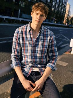 The Indian Garage Co - Blue Men Slim Fit Checked Cutaway Collar Full Sleeves Shirt