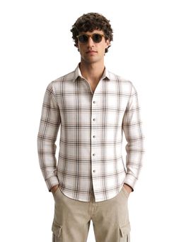The Indian Garage Co - Cream Men Slim Fit Checked Cutaway Collar Full Sleeves Shirt