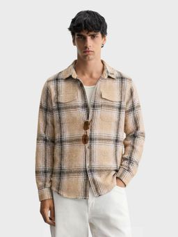 The Indian Garage Co - Beige Men Regular Fit Checked Cutaway Collar Full Sleeves Overshirt