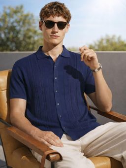 The Indian Garage Co - Blue Men Slim Fit Textured Polo Collar Half Sleeves Shirt