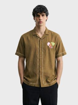 The Indian Garage Co - Olive Relaxed Fit Character Embroidered Cuban Collar Half Sleeves Shirt