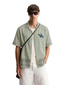 The Indian Garage Co - Green Relaxed Fit Character Embroidered Cuban Collar Half Sleeves Shirt