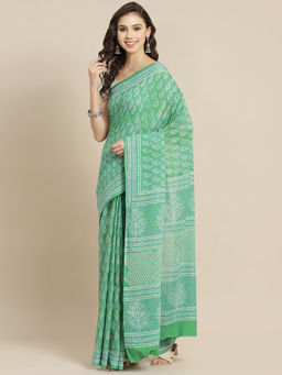 Juniper - Teal Cotton Mulmul Bagru Hand Block Saree With Unstitched Blouse