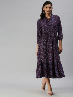 SHOWOFF - Women Navy Blue Floral Mandarin Neck A-Line Dress