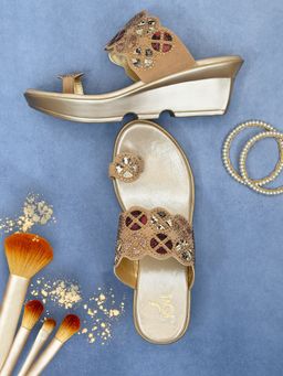 Jove - Women Golden Embellished Wedge Heels