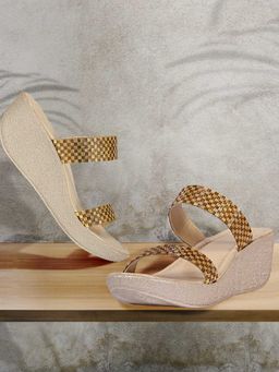 Jove - Women Golden Checked Wedge Heels