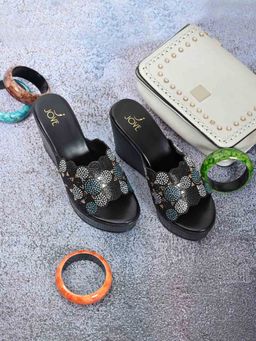 Jove - Women Black Embellished Wedge Heels