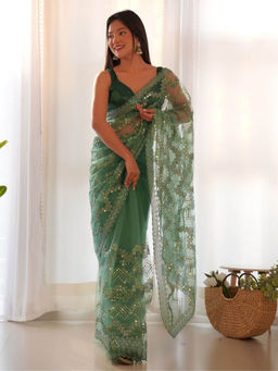 Odette - Green Net Embroidered Saree with Unstitched Blouse