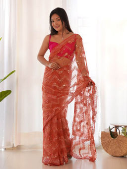 Odette - Orange Net Embroidered Saree with Unstitched Blouse