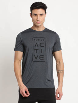 Turtle - Men Polyester Charcoal Printed Slim Fit Crew Neck T-Shirt