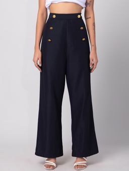 FabAlley - Navy Blue Side Button High Waist Straight Pants