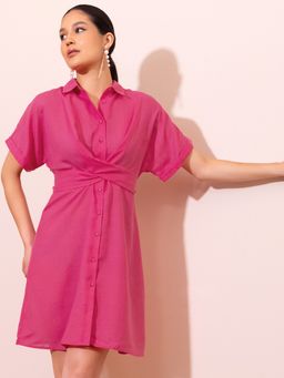 FabAlley - Magenta Shirt Dress with Attached Belt