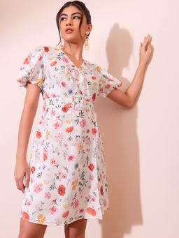 FabAlley - White Floral Print Puff Sleeve Wrap Dress With Buckle Belt (Set of 2)